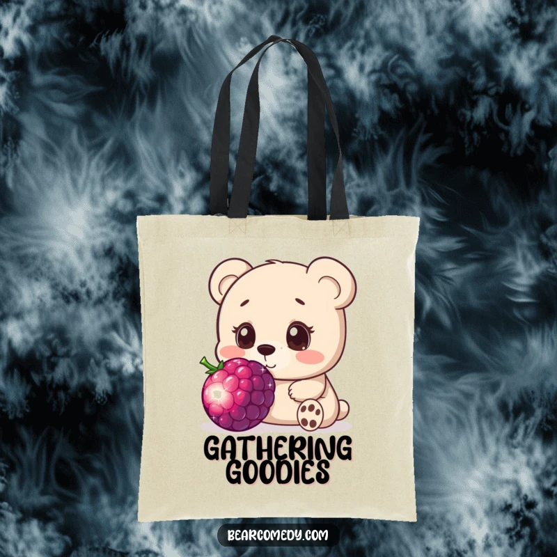 Funny tote bag illustrating a bear character innocently sniffing a giant, sparkling berry with an expression of pure wonder and curiosity.