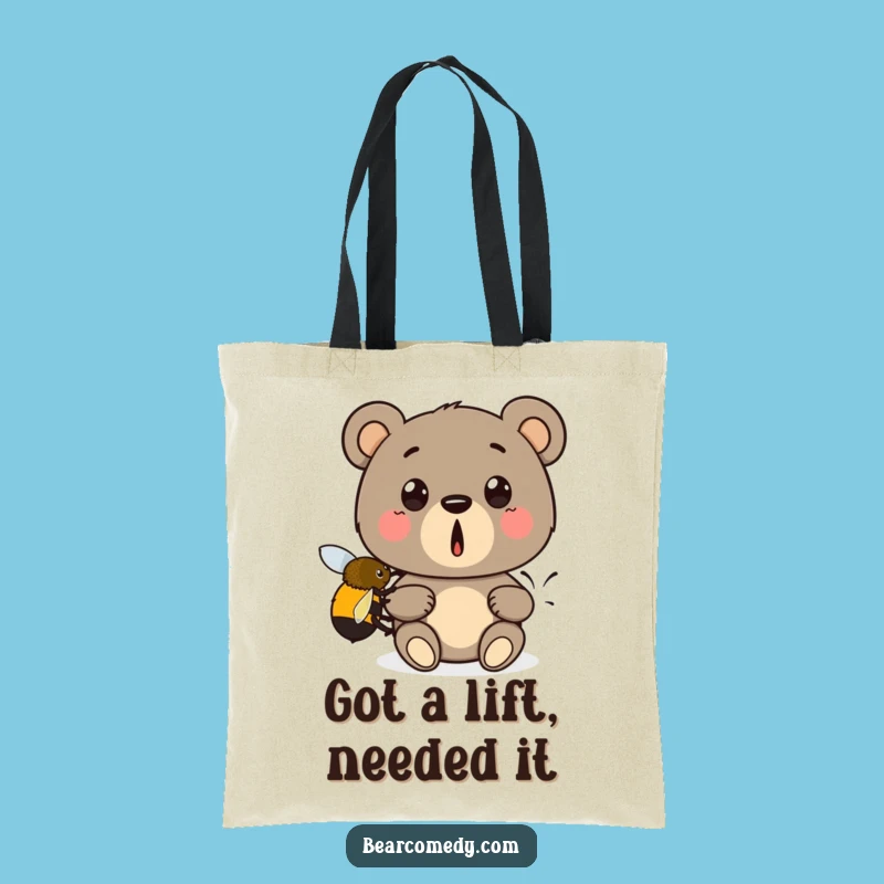 Funny Bear Bee Boost Tote Bag: Surprised Bear Gets Help, Carry Your Laughs with This Funny Gift!