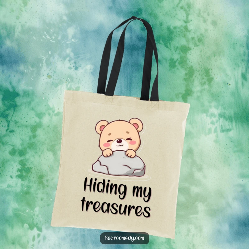 Funny bear character with a mischievous wink peeking from behind a rock on a tote bag, symbolizing playful secrets.