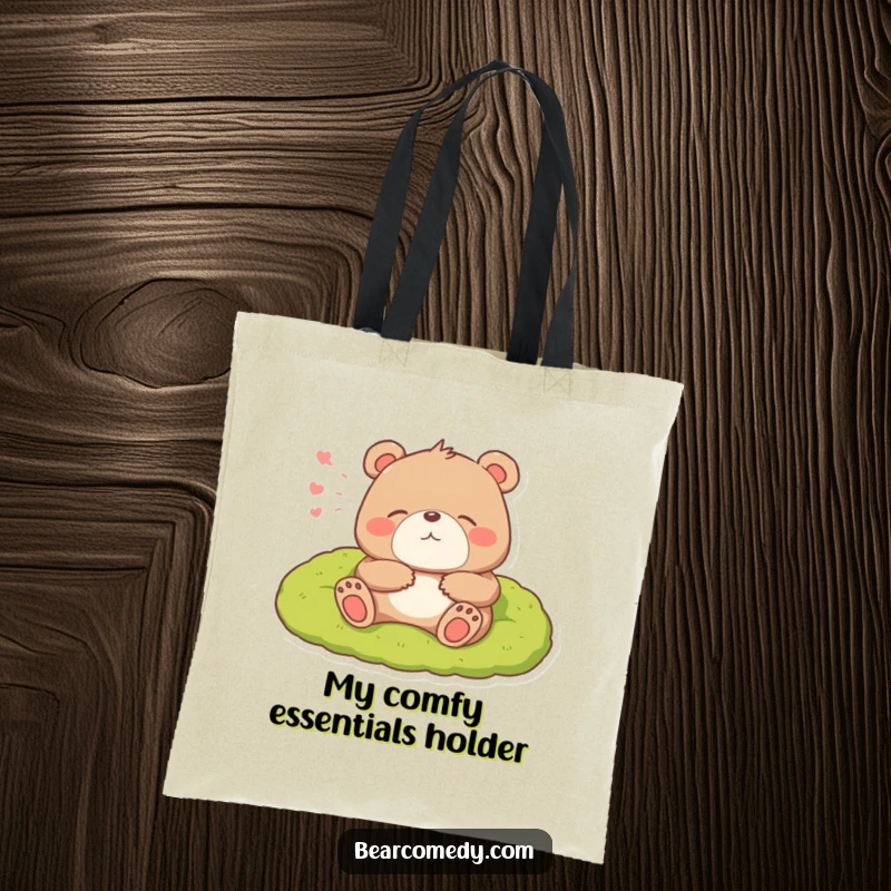 Funny tote bag illustration of a bear character lounging on a mossy bed, releasing a big, happy sigh.