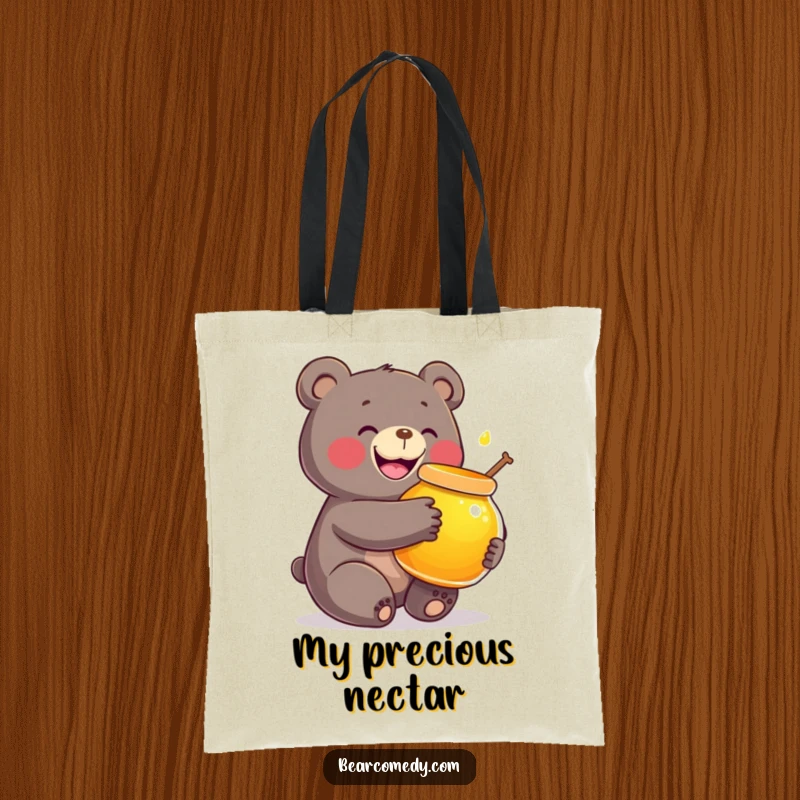 Funny tote bag featuring a bear character joyfully embracing a large, glowing pot of honey, ready for an adventure.