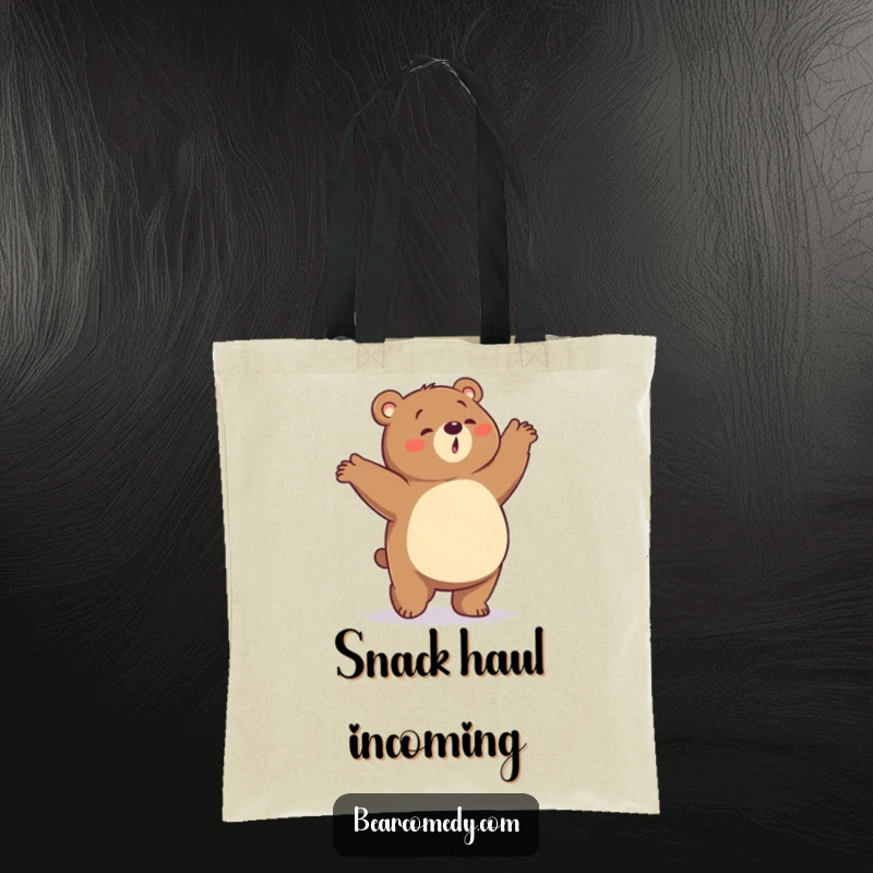 Funny tote bag illustrating a bear with a rumbling tummy doing a silly, energetic dance, perfect for carrying foodie finds.
