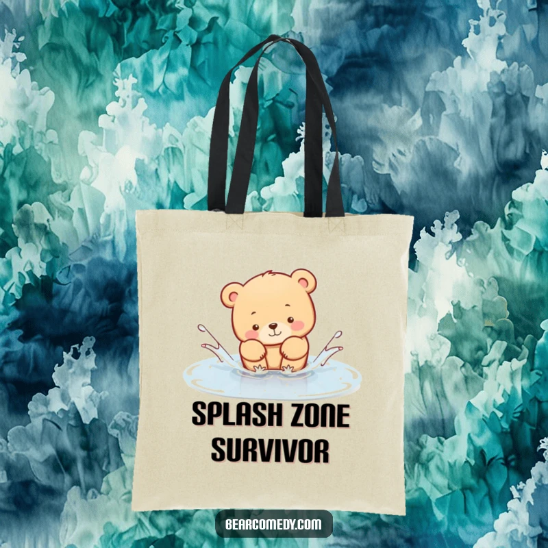 Funny Tote Bag showcasing a bear animal playfully splashing in a puddle, a cute and humorous accessory for everyday use.